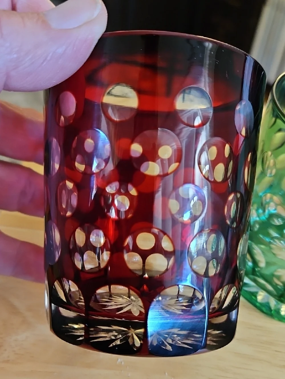 Vintage Cut Crystal Polka Dot Tumbler - Ruby Red and Green Glass Pair